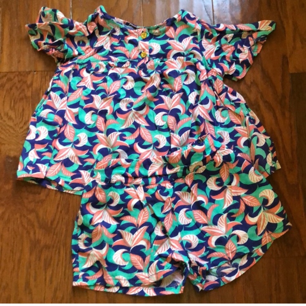 Girls' Navy Tropical Leaf Two-Piece Short Set